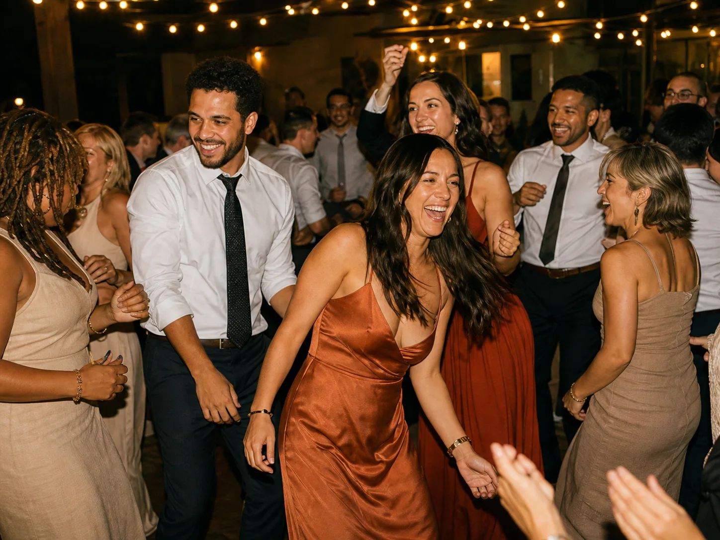 Guests celebrating together on a wedding dance floor